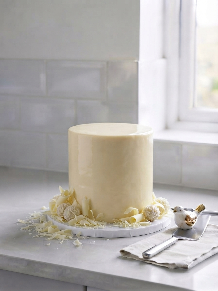 Elegant white cake with white chocolate decorations on a marble countertop near a window.