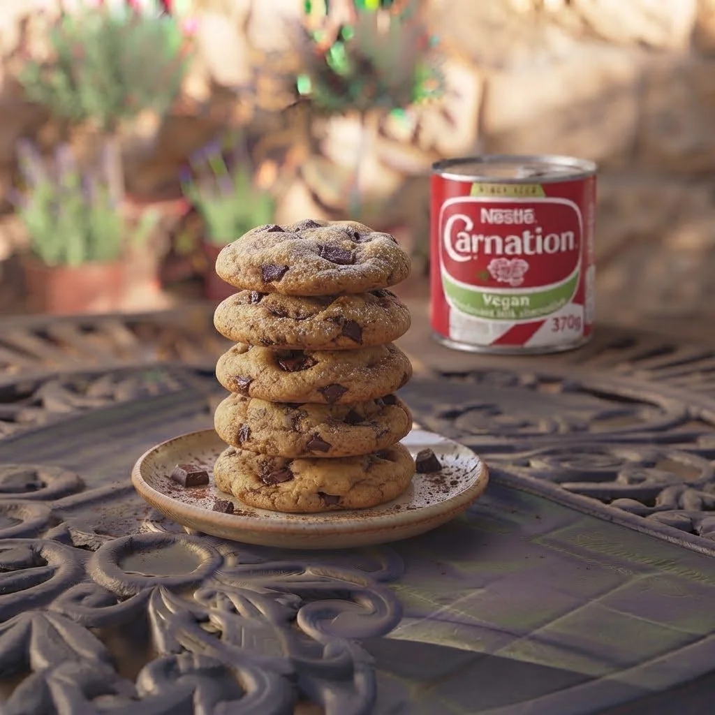 Five vegan chocolate chip cookies on a decorative plate with vegan condensed milk in the background