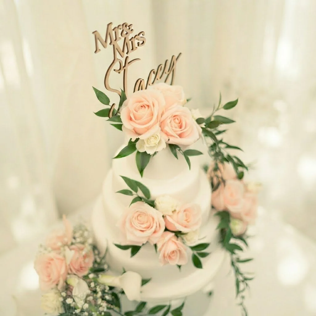 Elegant wedding cake decorated with romantic pink and white roses, greenery, and personalised topper. Handcrafted luxury cakes for special celebrations.