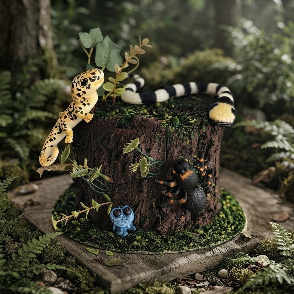 A decorative scene with a tree stump surrounded by small plants and moss, featuring toy animals including a yellow and black leopard gecko, a blue frog, and a black and yellow snake, set in a forest.