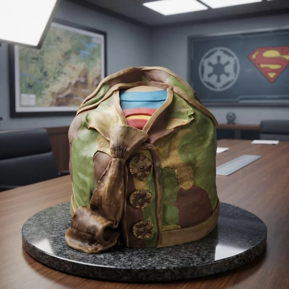 A cake designed to look like a superhero costume, with a cape and a mask, featuring colors and symbols from superhero logos in a conference room setting.