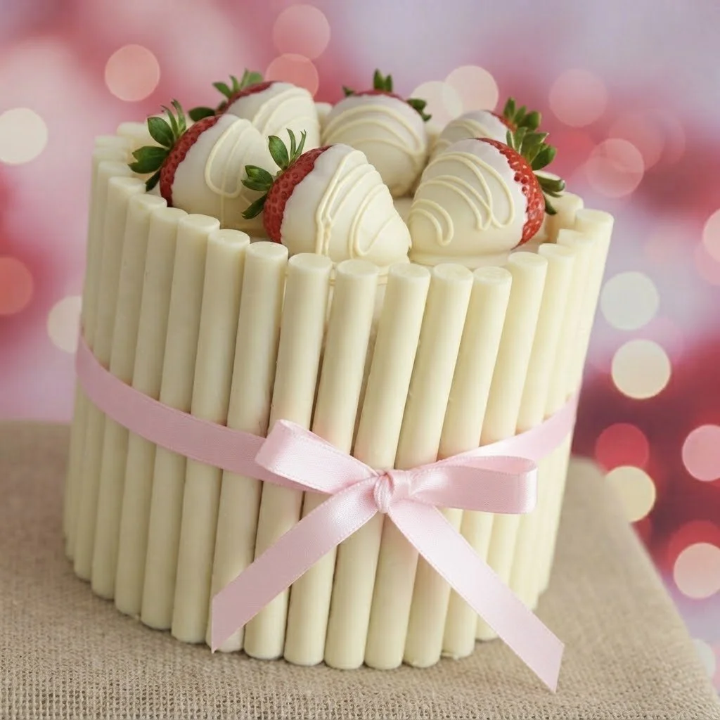 A round cake decorated with white chocolate sticks around the sides, tied with a pink ribbon. The top features fresh strawberries dipped in white chocolate with white chocolate drizzle.