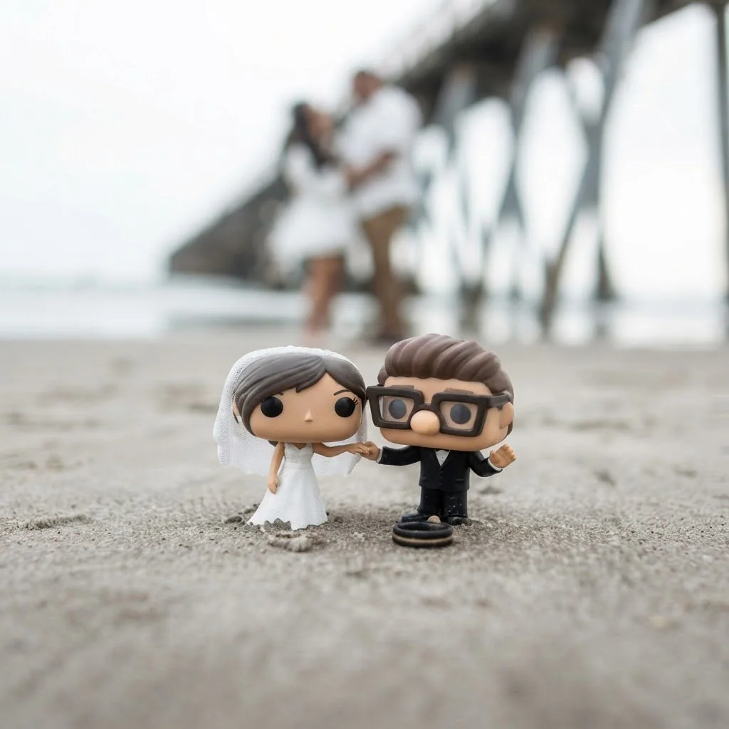 Funko Pop bride and groom wedding cake toppers holding hands on a picturesque sandy beach. Bespoke custom cake toppers for unique coastal celebrations.