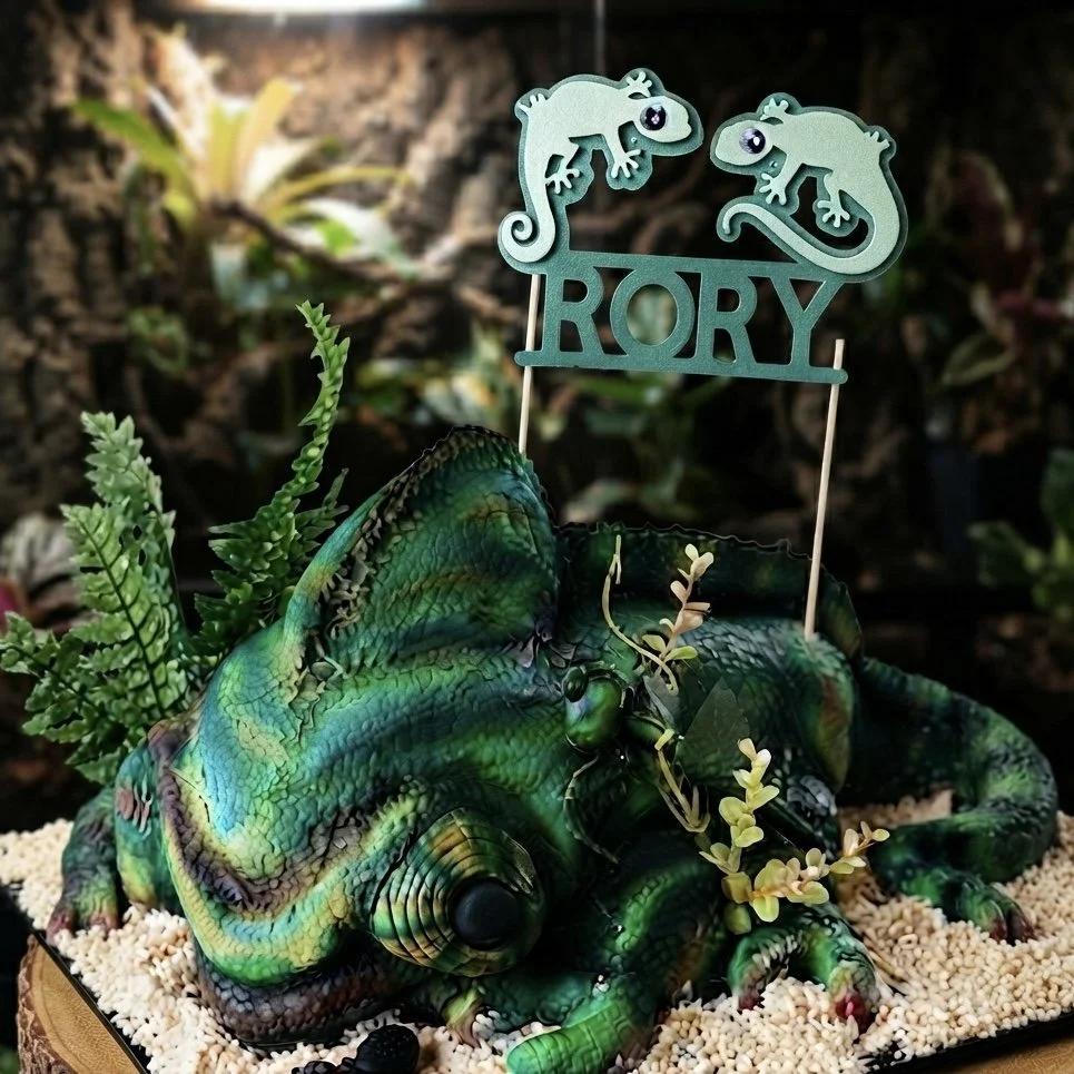 A decorated chameleon cake with green, yellow, and black colored skin, surrounded by artificial plants, and topped with a sign that says 'RORY' with two cute cartoon chameleon figures.
