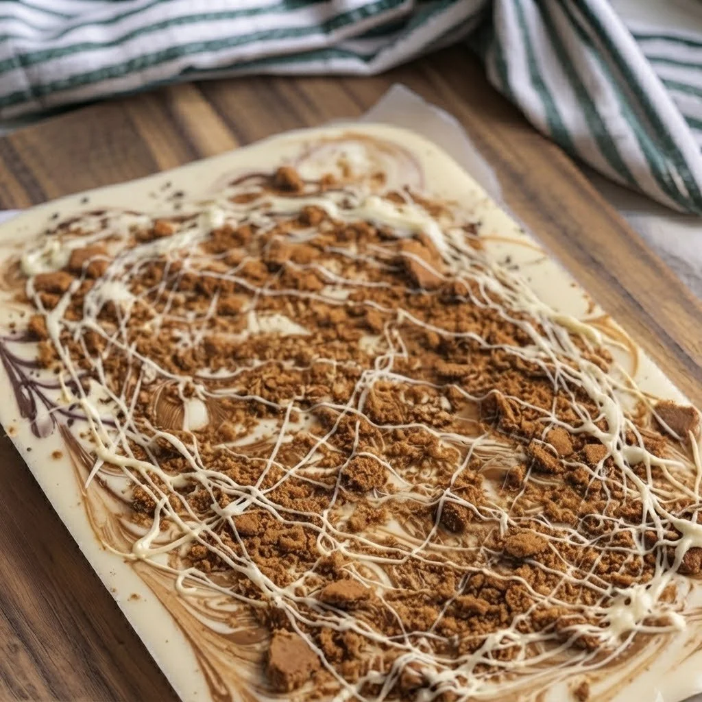 White chocolate bark topped with Biscoff crumbs, arranged on a wooden surface with a striped cloth in the background.
