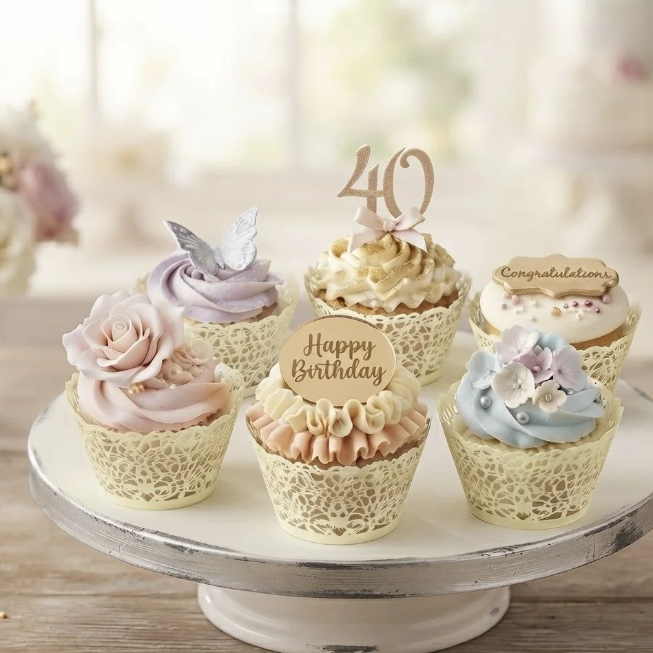Six cupcakes with pastel icing and fondant flowers, butterflies and birthday toppers on a white cake stand