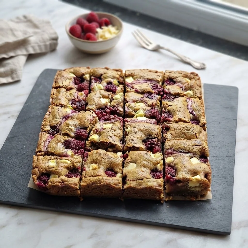 Decadent raspberry and white chocolate blondie squares served on a stylish black board. Handcrafted luxury treats designed for sweet indulgence.