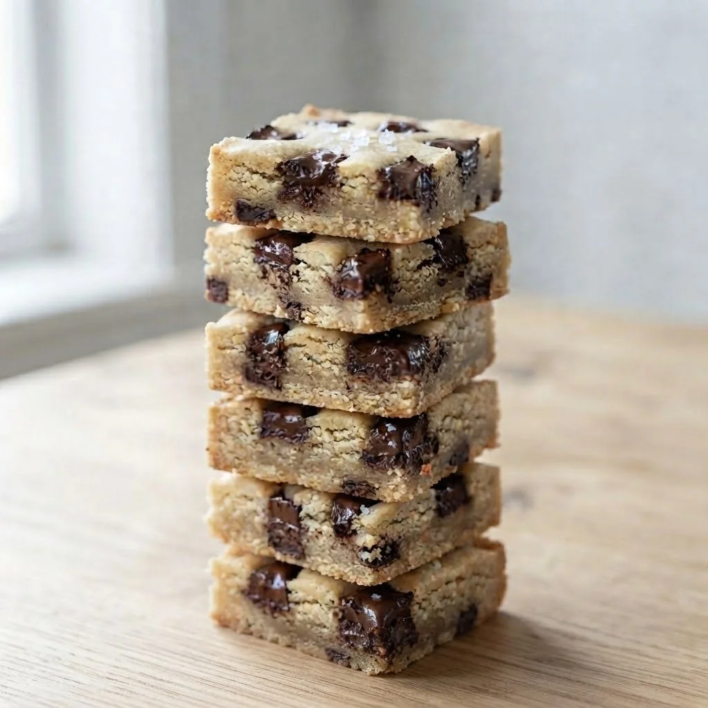 Stack of five chocolate chip cookie bars on a wooden surface.