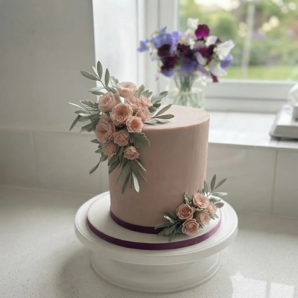 A tall, pink, cylindrical cake decorated with pink roses and green leaves, placed on a white cake stand in front of a window with a blurred garden scene.