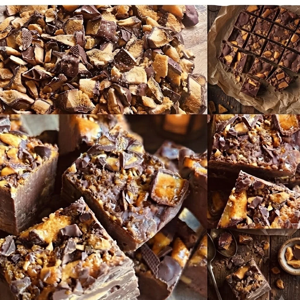 Homemade caramel honeycomb fudge arranged in a collage of close-up images highlighting its smooth texture and honeycomb pieces, with no nuts.