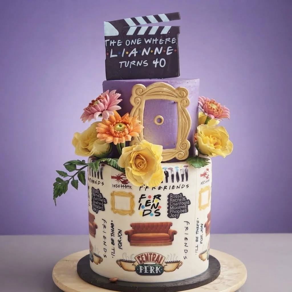 A multi-tiered birthday cake decorated with flowers, has a sign on top that reads "The one where Lianne turns 40". The cake is themed around the TV show Friends, with images and words from the show.