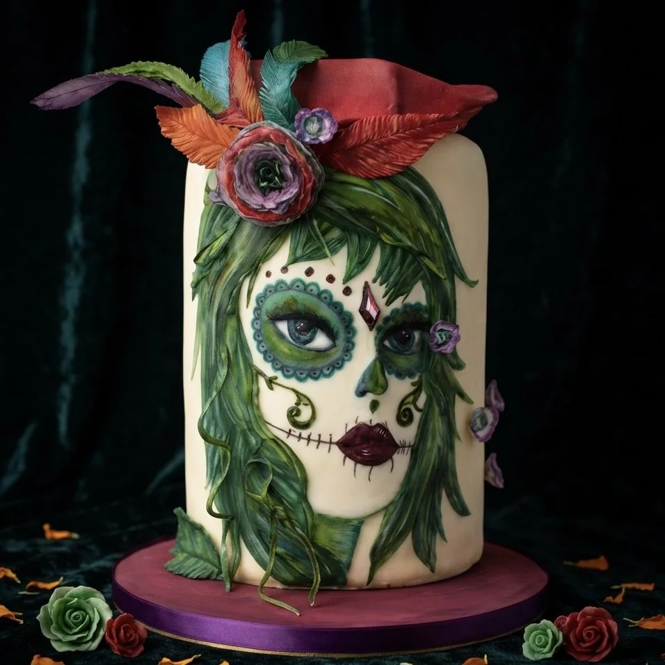 Día de los Muertos celebration cake decorated with a sugar-art face, green hair, makeup and flowers