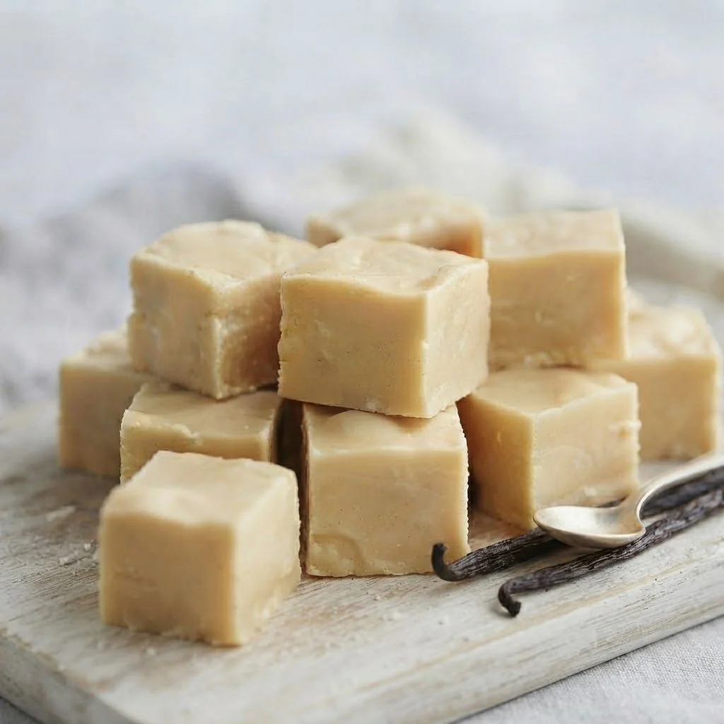 Chunks of vanilla fudge on a wooden board with vanilla beans and a spoon