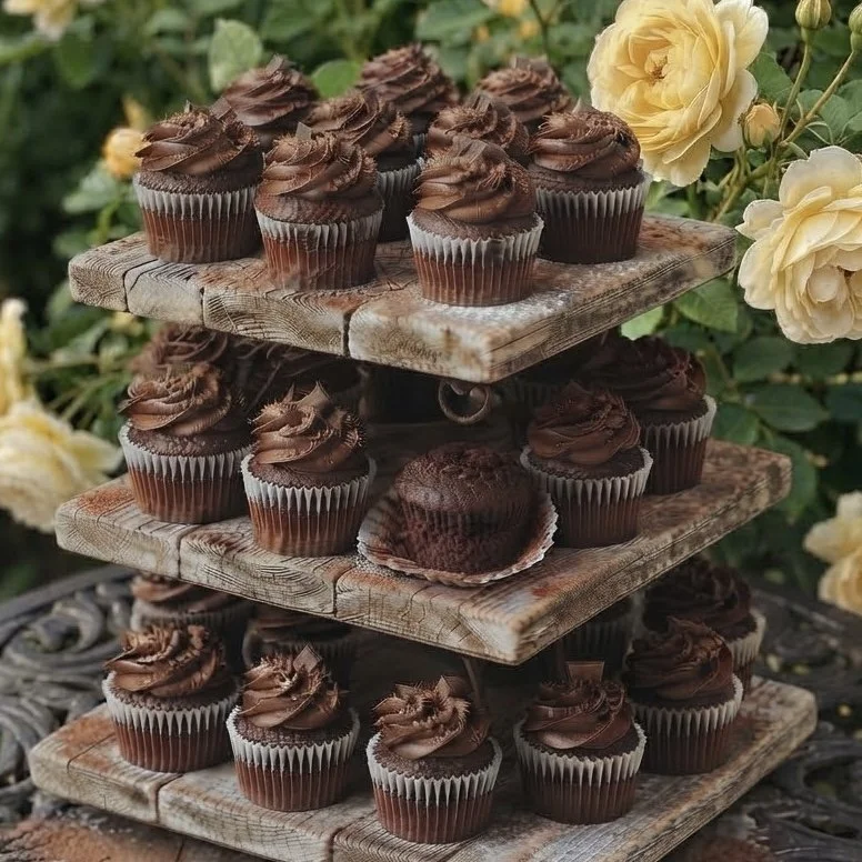 Decadent chocolate cupcakes displayed on a rustic three-tier wooden stand outdoors with yellow roses. Handcrafted luxury treats for bespoke events.