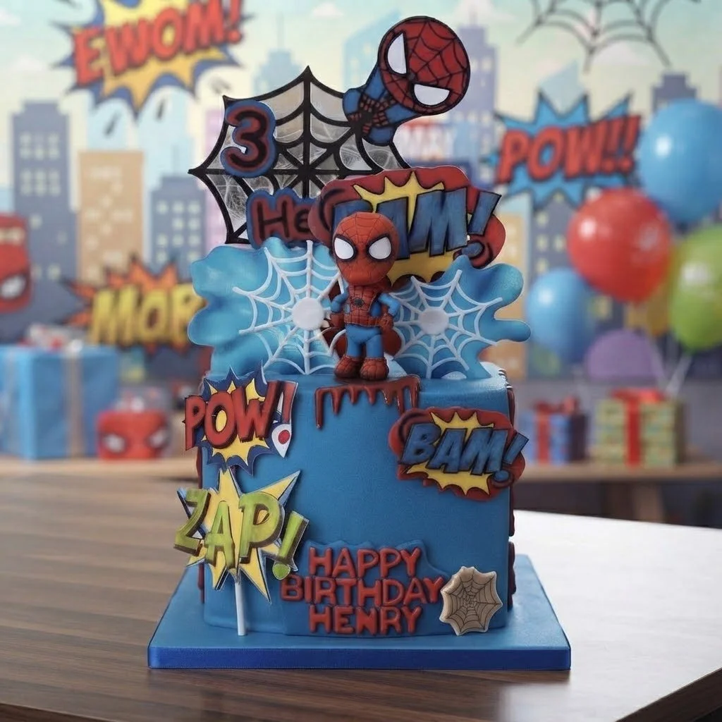 Spider-Man themed birthday cake with Spider-Man figurines, comic-style speech bubbles with words like 'WHAM!', 'POW!', 'BAM!', and 'ZAP!', and Halloween-inspired decorations like spider webs and a spider. The cake has a blue base with colorful decorations.