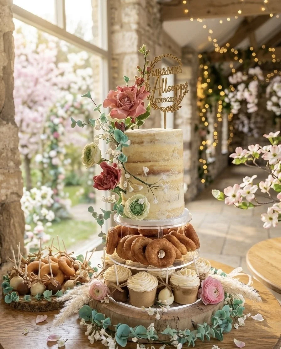 A wedding cake with pink and green floral decorations, topped with a gold sign reading 'MR & MRS Alcopps 07.12.2022', surrounded by cupcakes, donuts, and other desserts, all on a wooden table decorated with flowers and greenery.