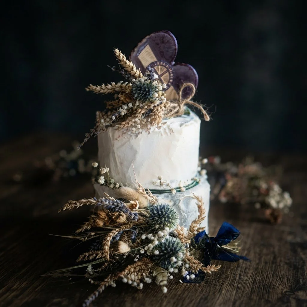 Rustic two-tier white wedding cake decorated with dried flowers, wheat, heart biscuits, and navy ribbon. Handcrafted luxury cakes for romantic venues.