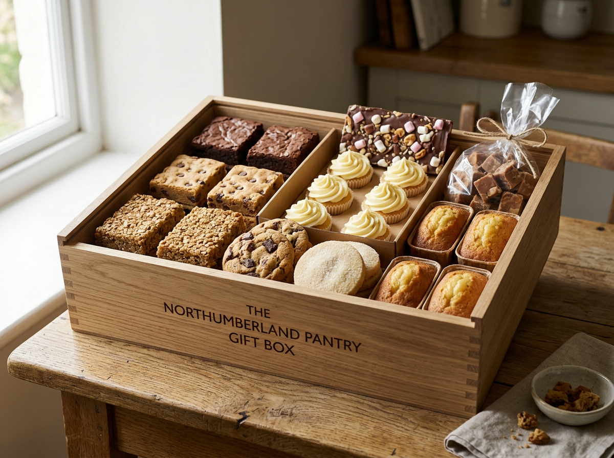 Northumberland Pantry Gift Box filled with brownies, cookies, cupcakes, and chocolates on a wooden table beside a window.