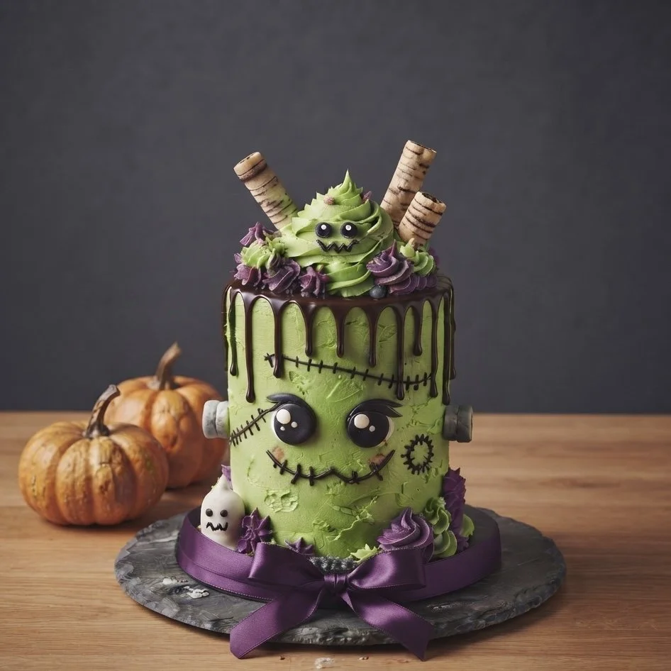 A Halloween-themed cake decorated like a Frankenstein monster with a green icing face, stitched details, and large eyes, topped with purple and green frosting, chocolate drips, and small Halloween decorations. The cake is on a black slate base with purple ribbon, and pumpkins are in the background.