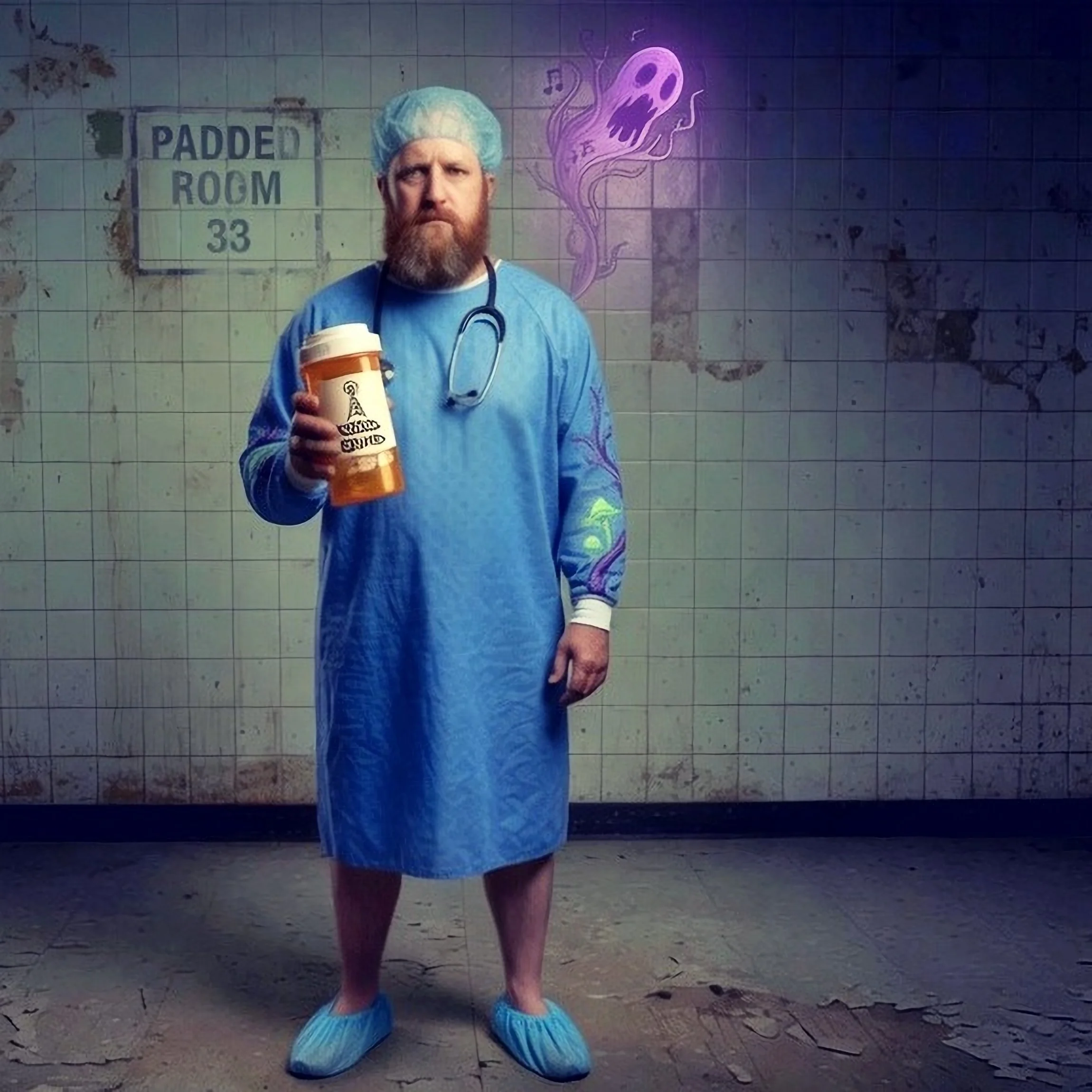 A person dressed as a doctor with blue scrubs, a stethoscope, and a shower cap, standing in front of a tiled wall with glowing purple and pink ghostly figures and a sign that reads 'Padded Room 33', holding a coffee tumbler.