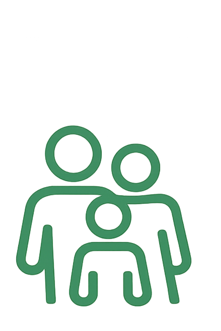 Icon of a family with three members, including two adults and one child, represented with simple green outlines.
