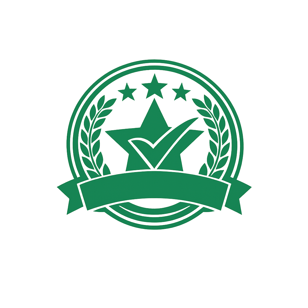 A green emblem with a large star at the center, surrounded by four smaller stars, laurel branches, a checkmark over the star, and a blank banner at the bottom.