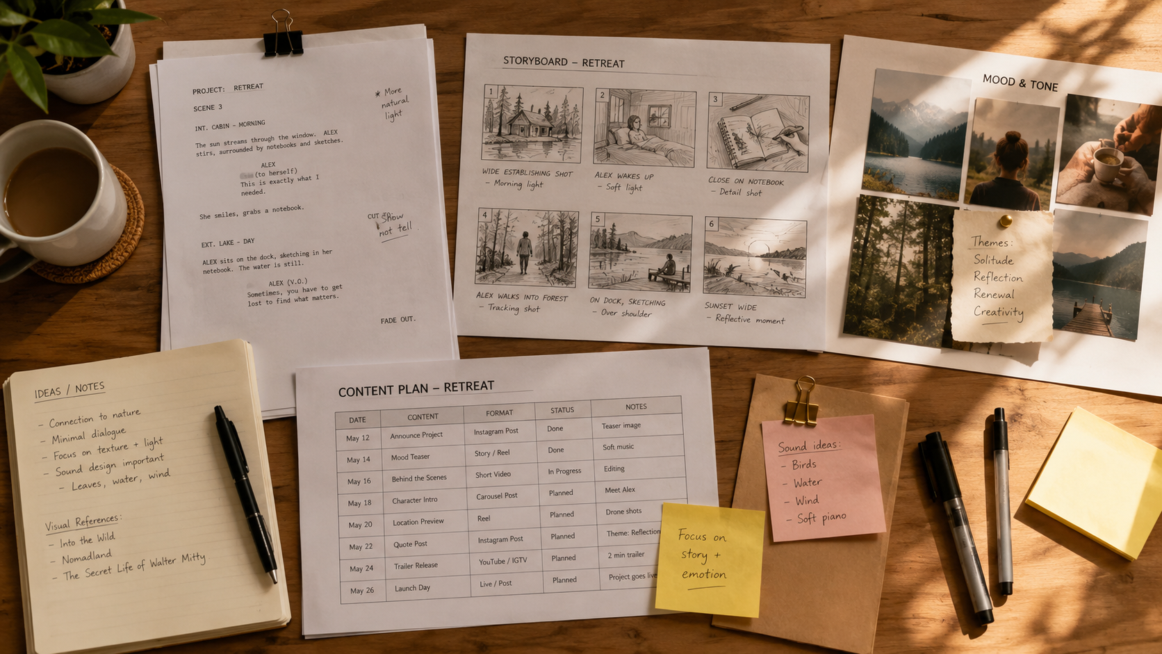 Desk with various papers, notebooks, and pens. Papers include a storyboard, content plan, notes, and a printed script. There is a potted plant, a coffee mug, and a binder clip on the desk, with sunlight casting shadows.