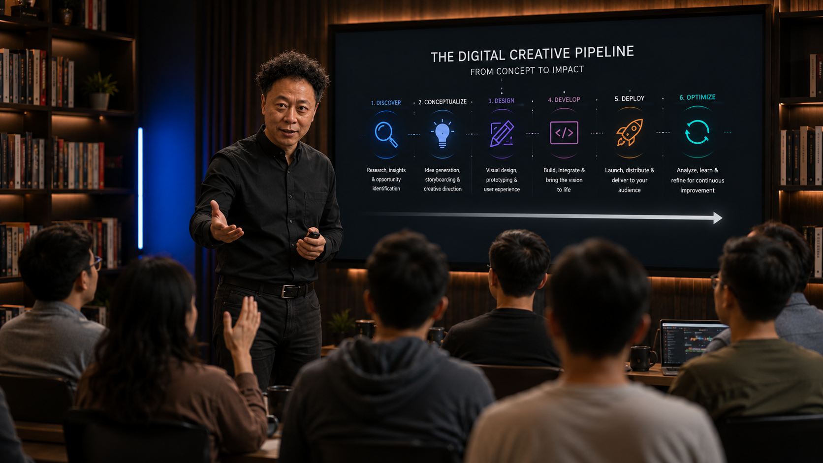 A man giving a presentation about the digital creative pipeline to a group of people in a modern conference room, with a large screen displaying a step-by-step process from research to continuous improvement.