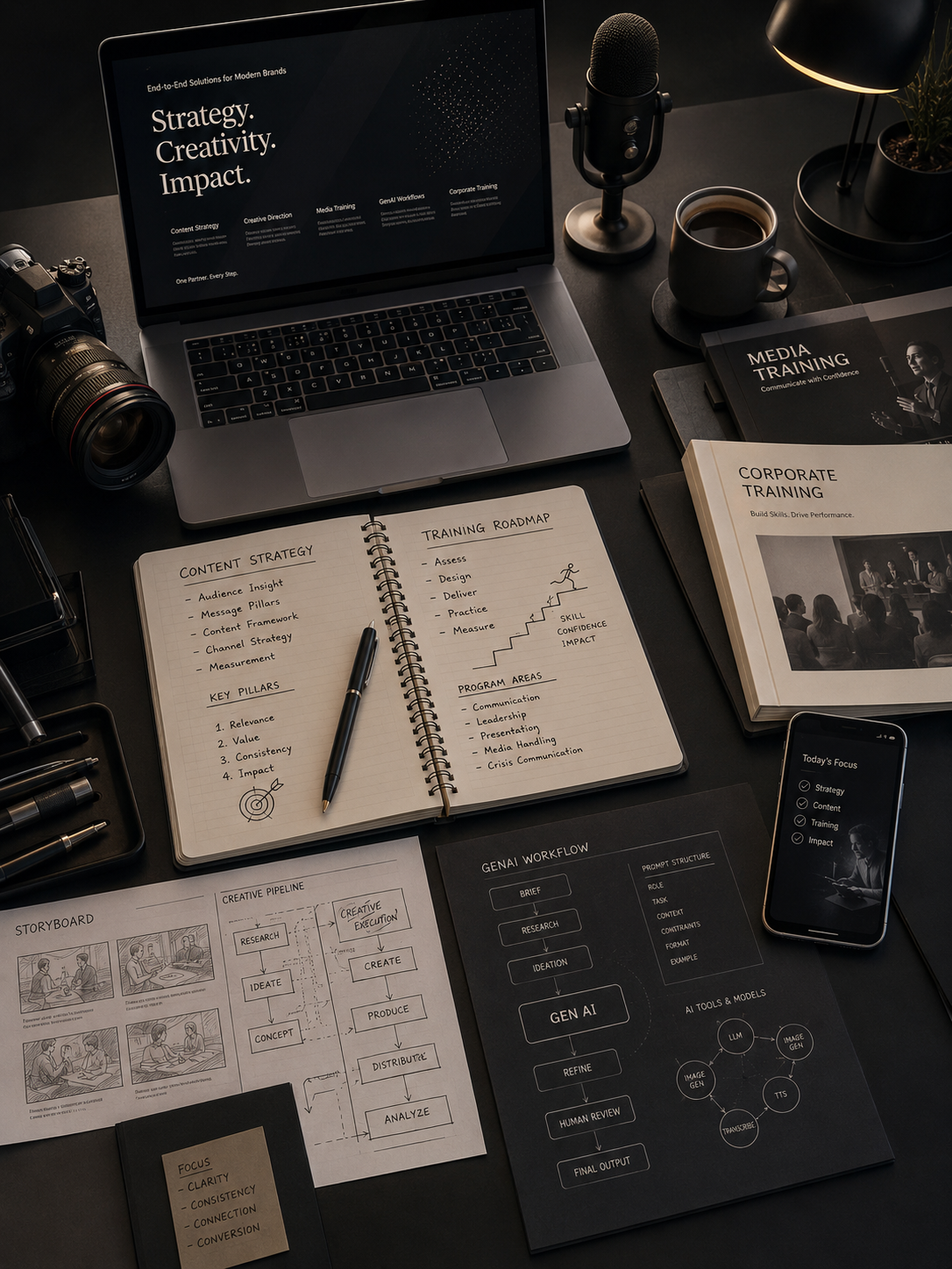 A desk setup with a laptop displaying a strategy presentation, a camera, a microphone, a cup of coffee, training books, notebooks with handwritten notes on content strategy and training roadmap, a smartphone with a focus on strategy and content, and various printed diagrams and notes related to media, corporate training, and workflow.
