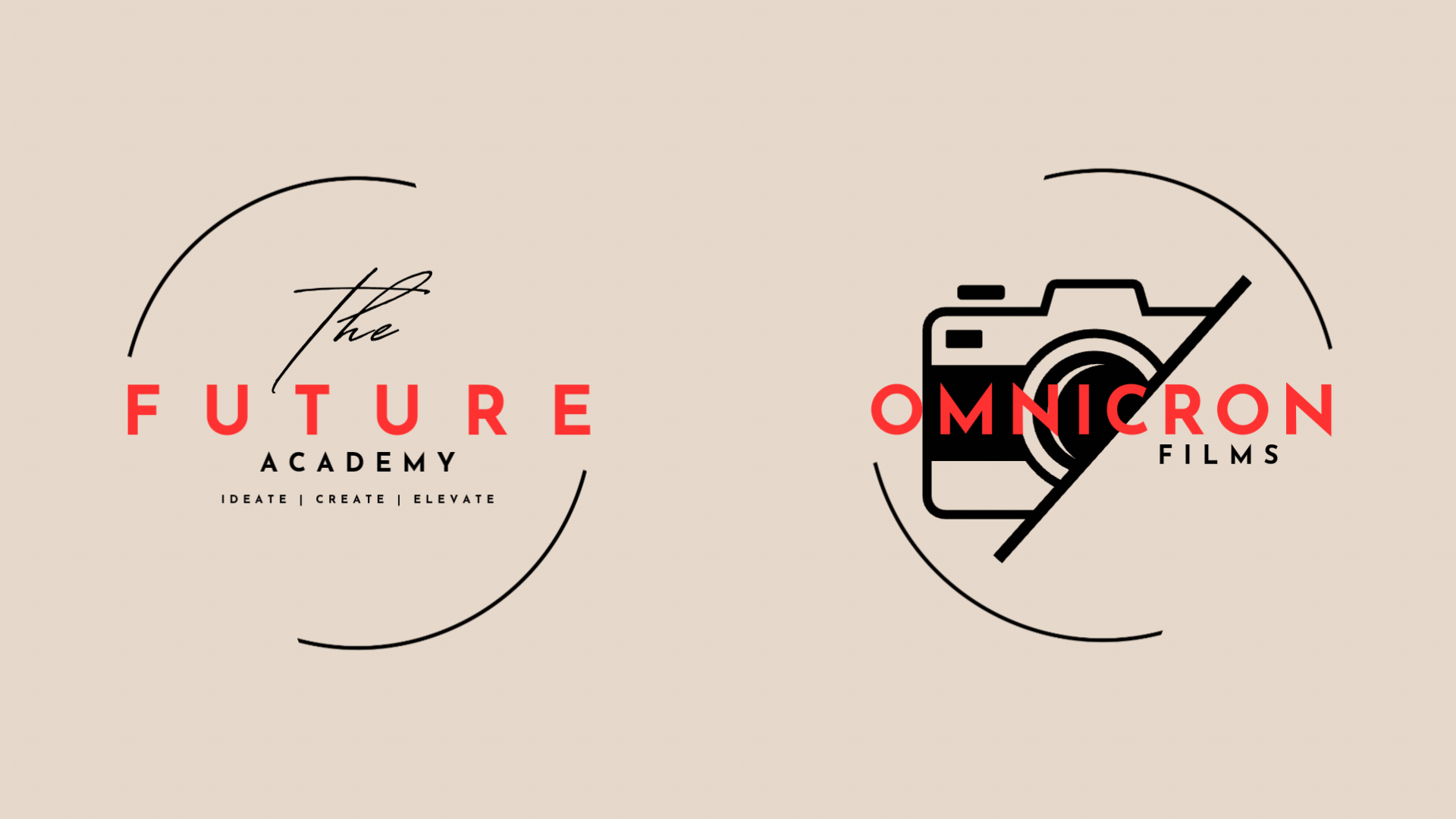 Logo design featuring the names 'The Future Academy' and 'Omicron Films' with a slogan 'Ideate | Create | Elevate'. The logo includes a stylized camera illustration.