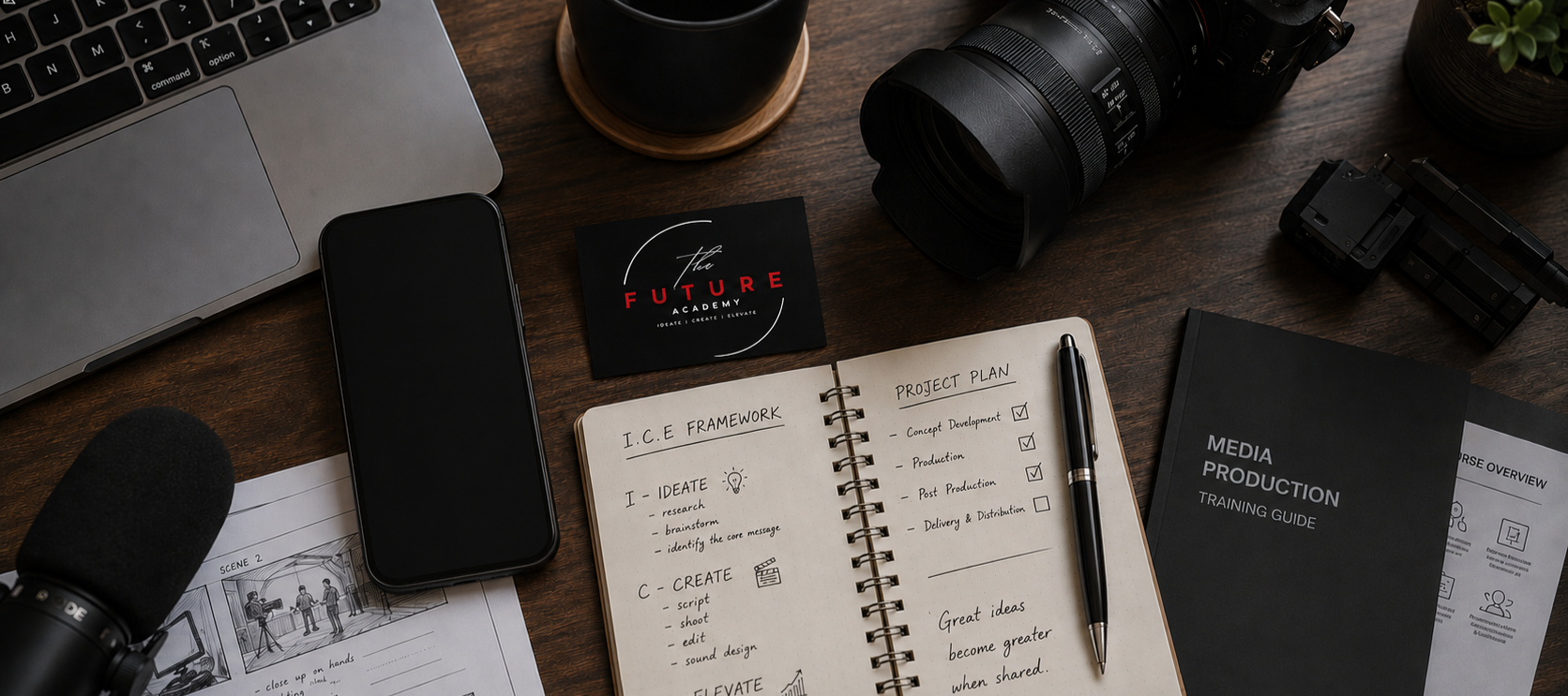 A desk workspace with a laptop, smartphone, microphone, camera lens, notepad with project planning notes, black media training guide, business card reading 'Future Academy,' and other office items.