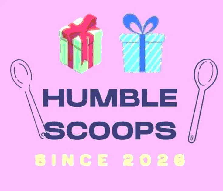 Graphic logo for 'Humble Scoops' showing two wrapped gift boxes, one pink and green, the other blue with a ribbon, with the text 'Humble Scoops Since 2026' and illustrations of spoons.