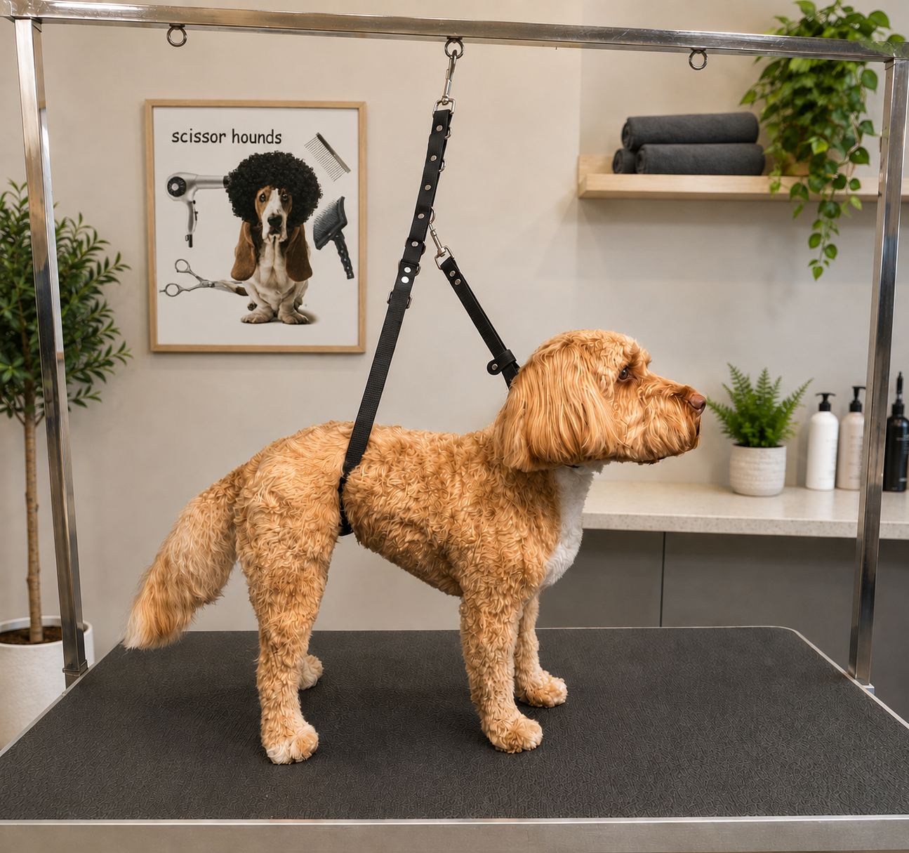 A golden doodle dog on a grooming table at a grooming salon, with a comic poster of a dog with hair styling tools and a humorous head covering, and shelves with towels and plants in the background.