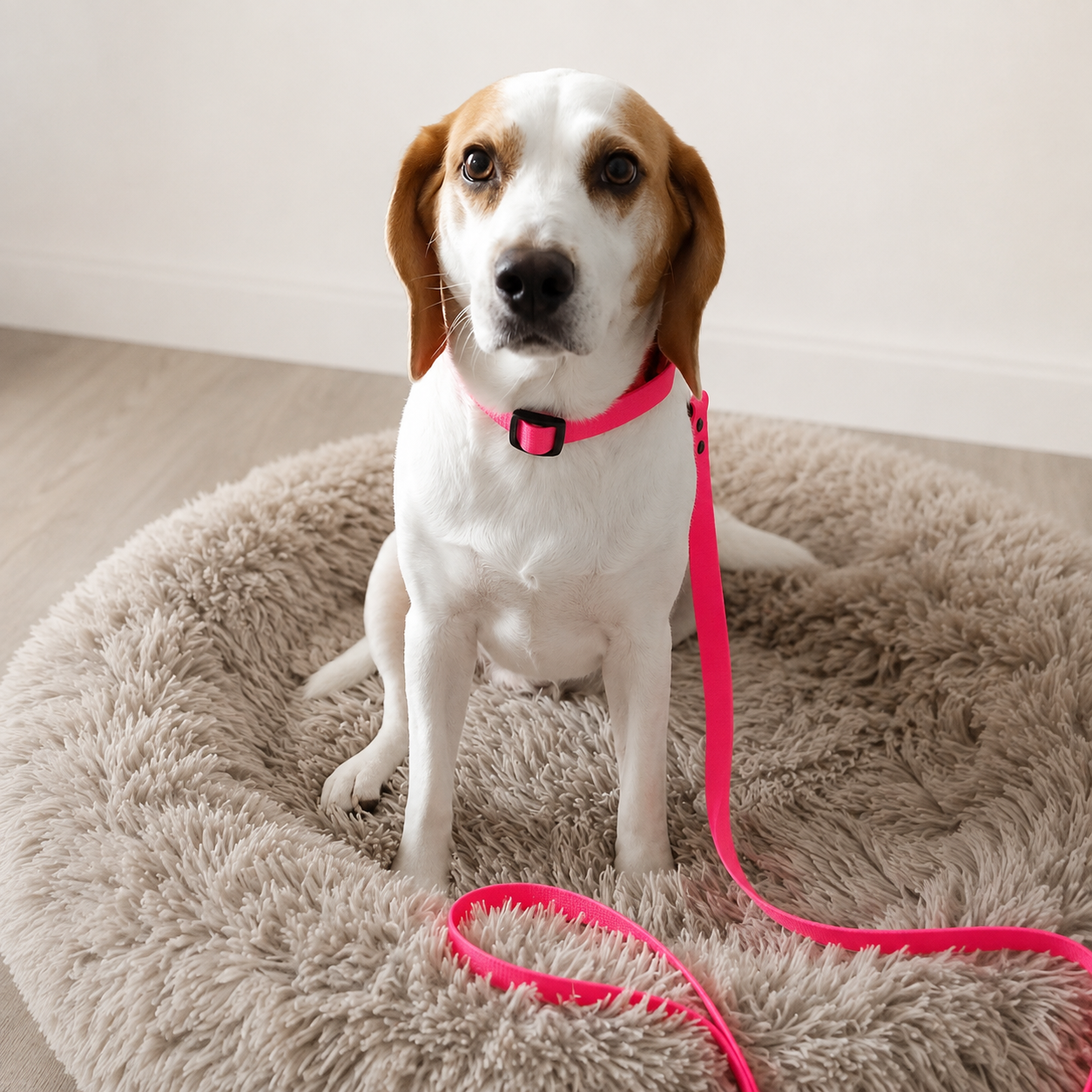 Small dog sitting on a fluffy beige pet bed, wearing a pink collar and leash, indoors with a plain light-colored wall behind.
