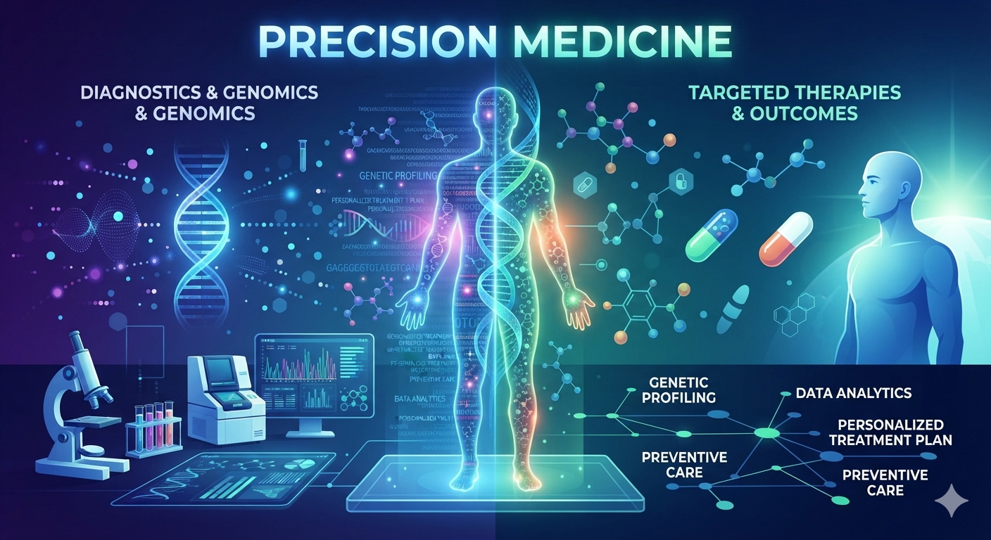 Digital illustration of precision medicine showing human body, DNA strands, molecular structures, scientific equipment, and charts. Text highlights diagnostics, genomics, targeted therapies, and outcomes.