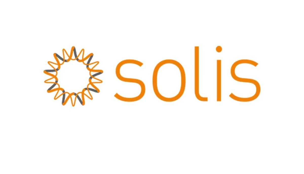 Logo met een oranje cirkel en de woord 'solis' in oranje letters.