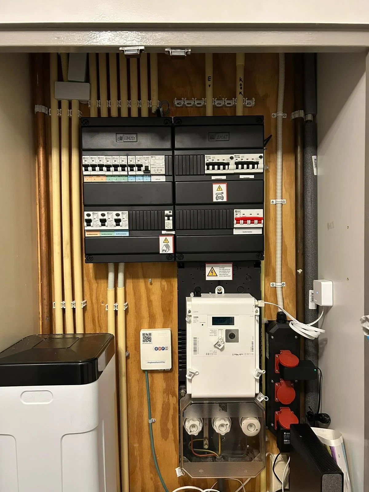 Meterkast met groepenkast, slimme meter, en kabels in pvc.