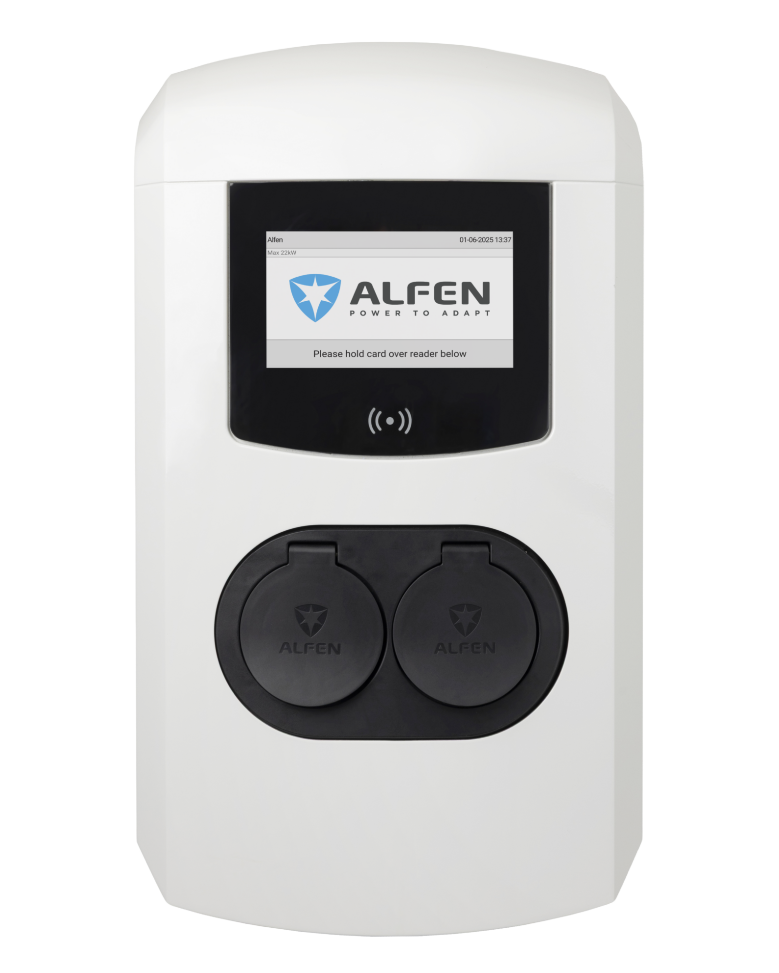Slimme laadpaal van het merk ALFEN met een display en twee oplaadpoorten onderaan.  Geschikt voor ERE certificaten doormiddel van zijn MID certificering. Automatische verrekening en zakelijk inzetbaar.