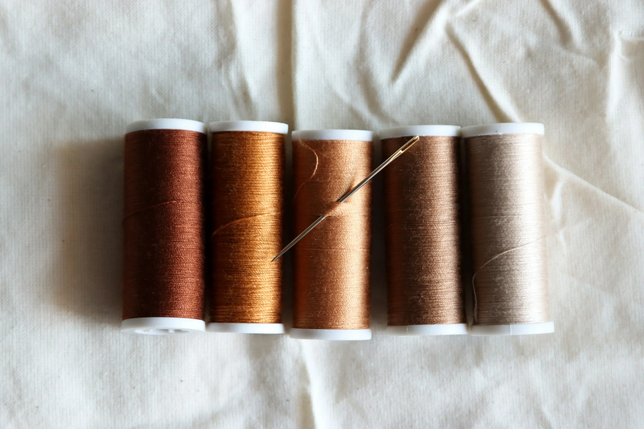 Five spools of thread in shades of brown, copper, and beige, with a sewing needle inserted in the third spool from the left, lying on a white fabric background.