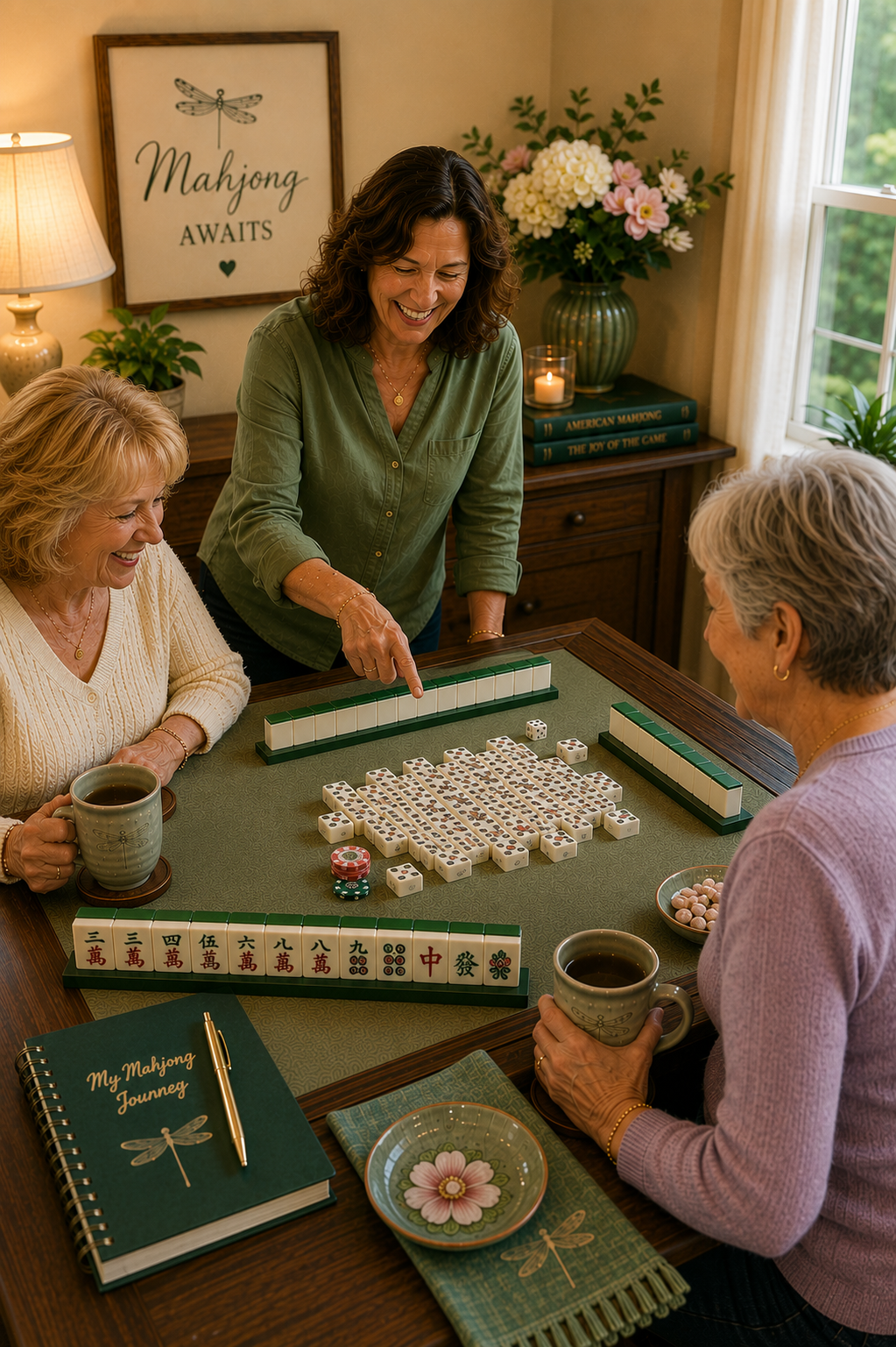 American Mahjong players gathered around a Mahjong table, enjoying instruction and conversation in a welcoming home setting.
