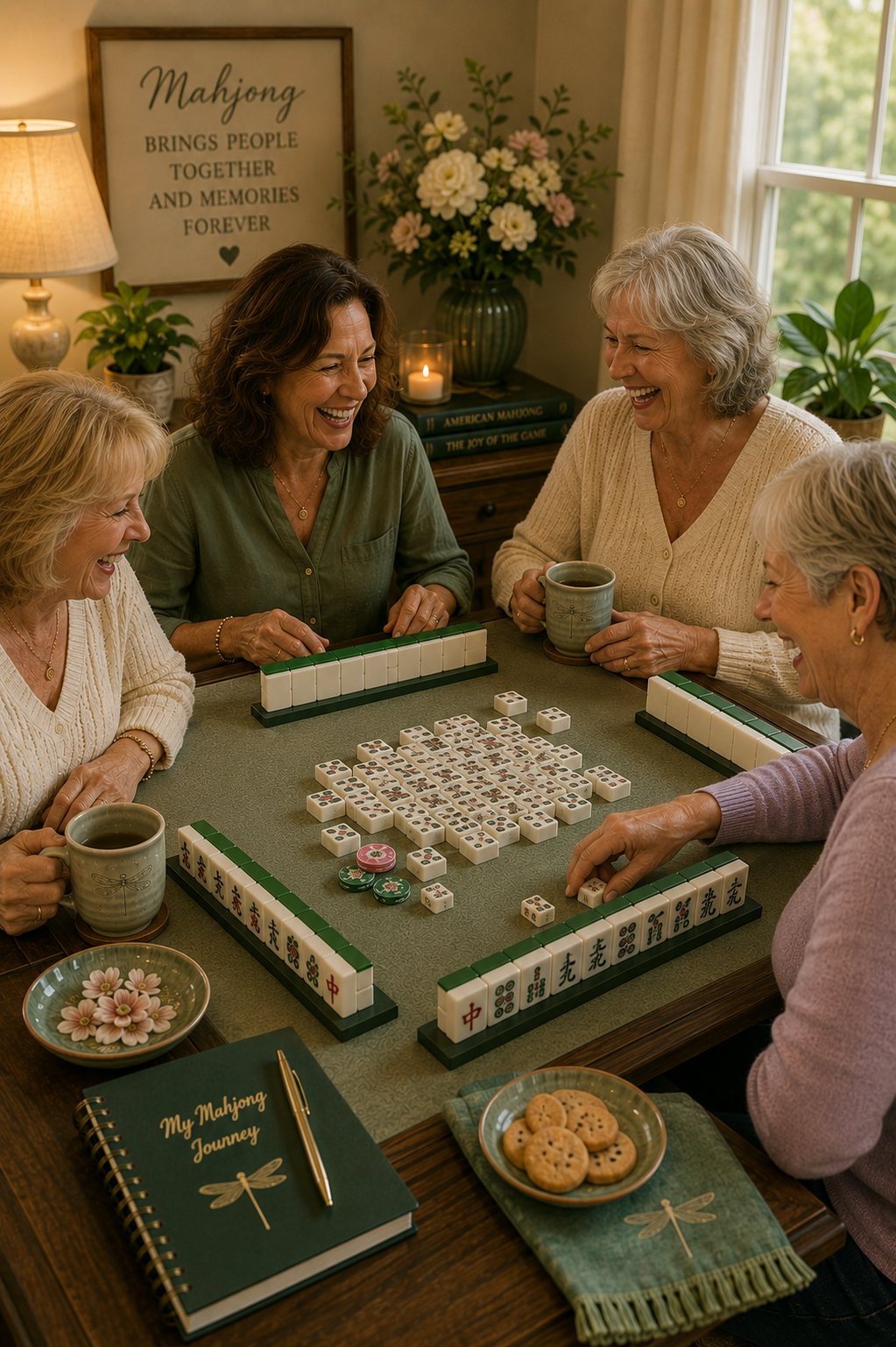 Friends enjoying American Mahjong together around a Mahjong table in a relaxed home setting.