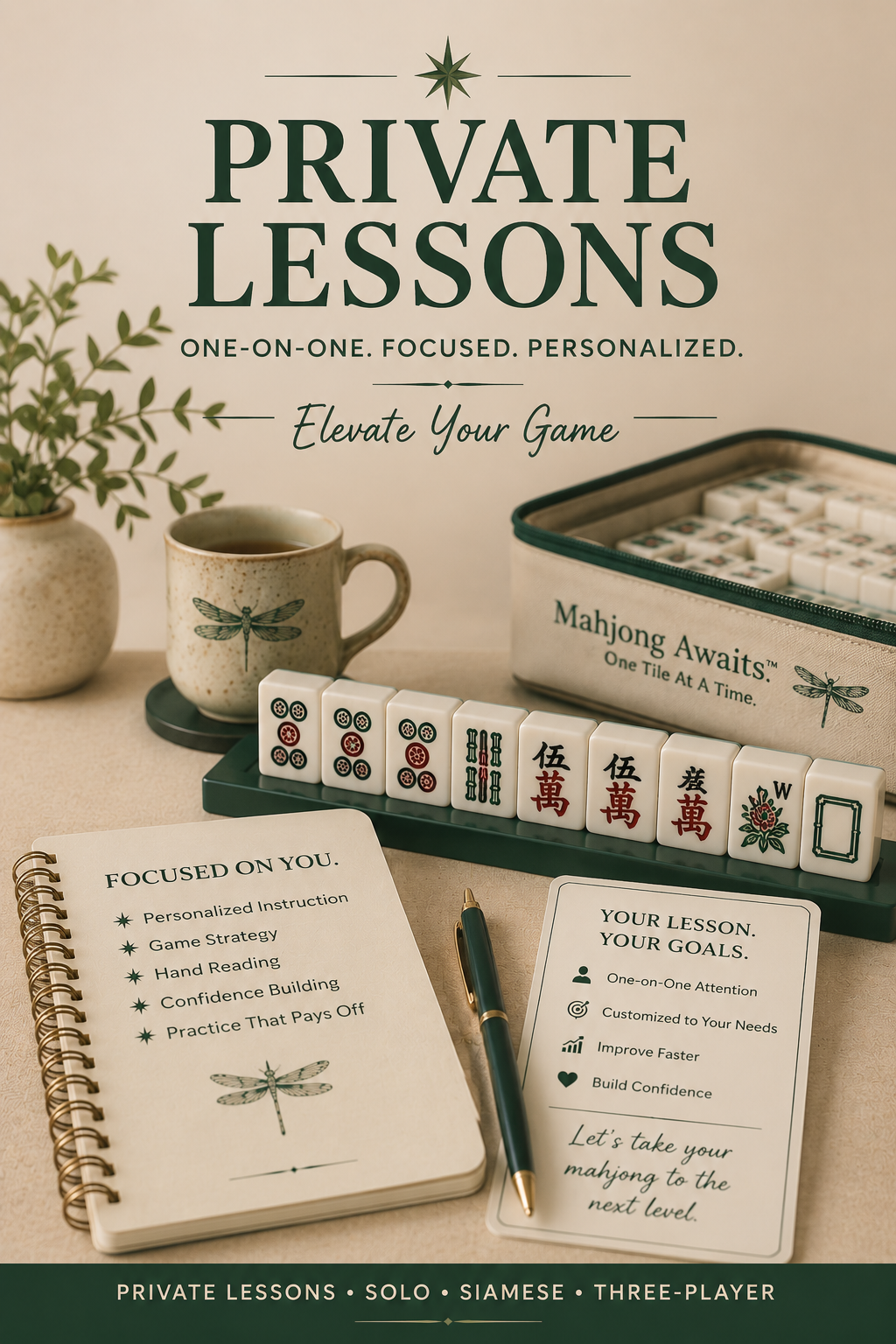 Private American Mahjong lesson materials featuring personalized instruction from Mahjong Awaits™.