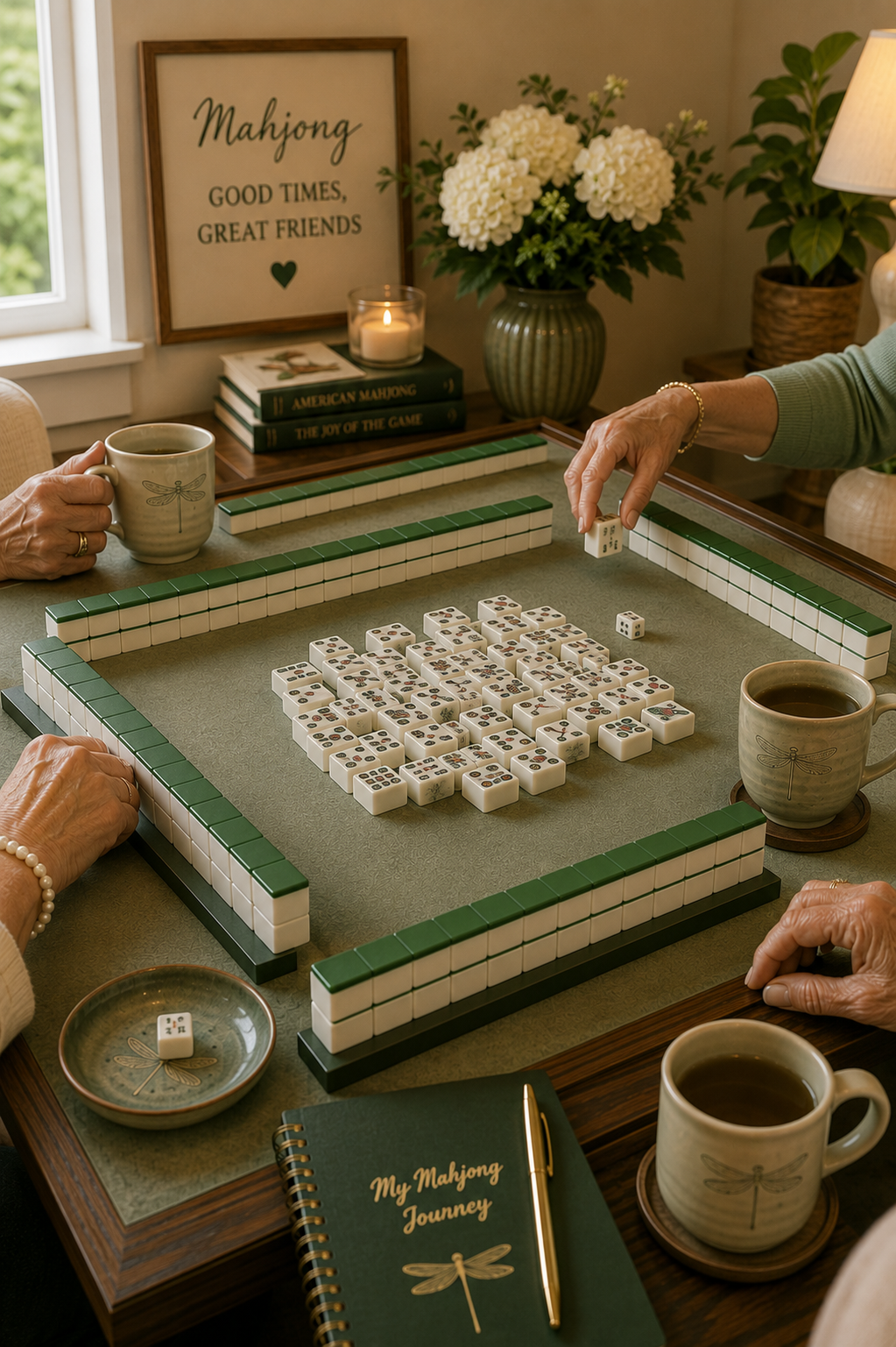 American Mahjong table with tiles, racks, dice, and game play in progress.