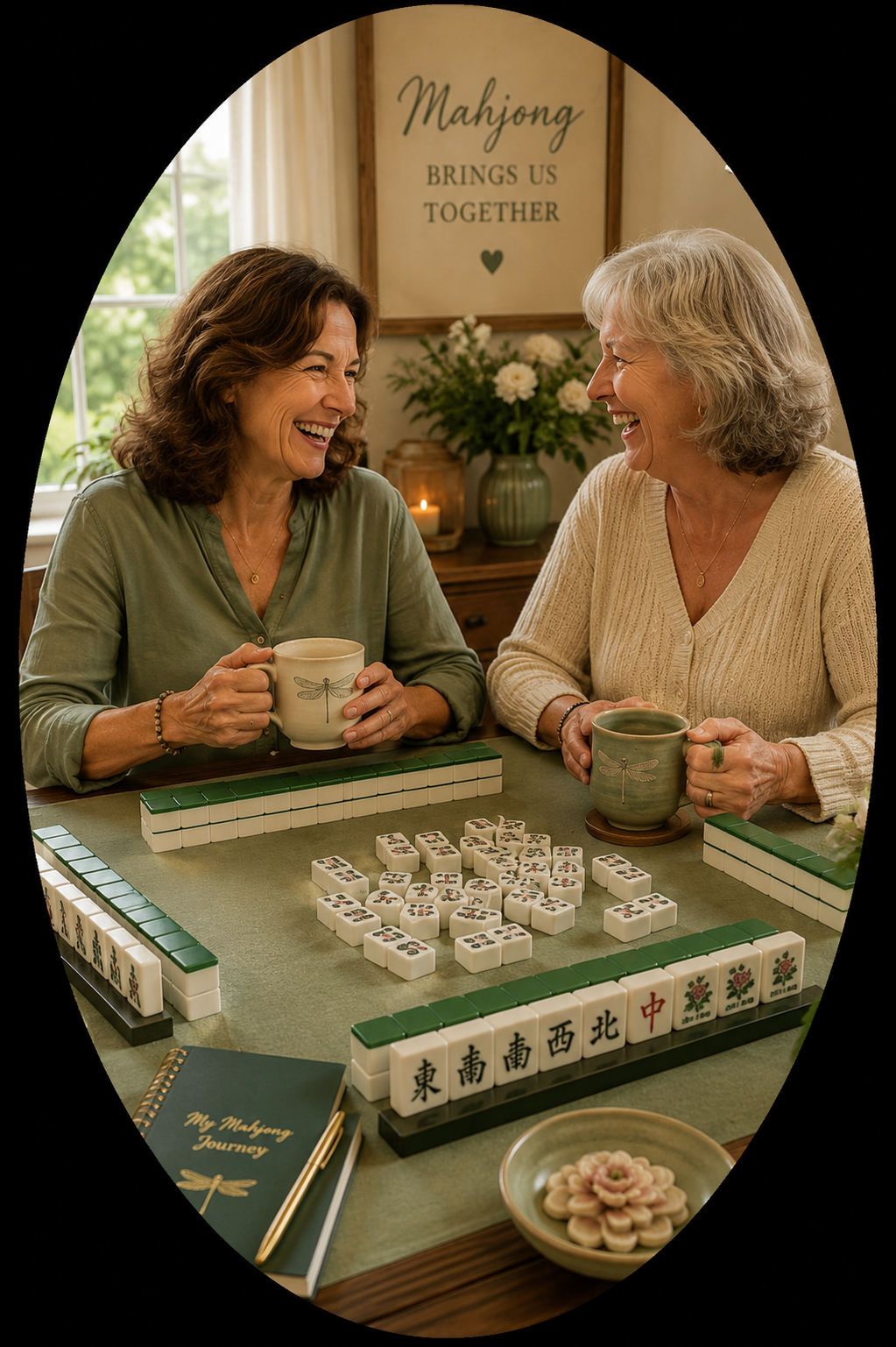 Two women sharing conversation and friendship during an American Mahjong gathering.