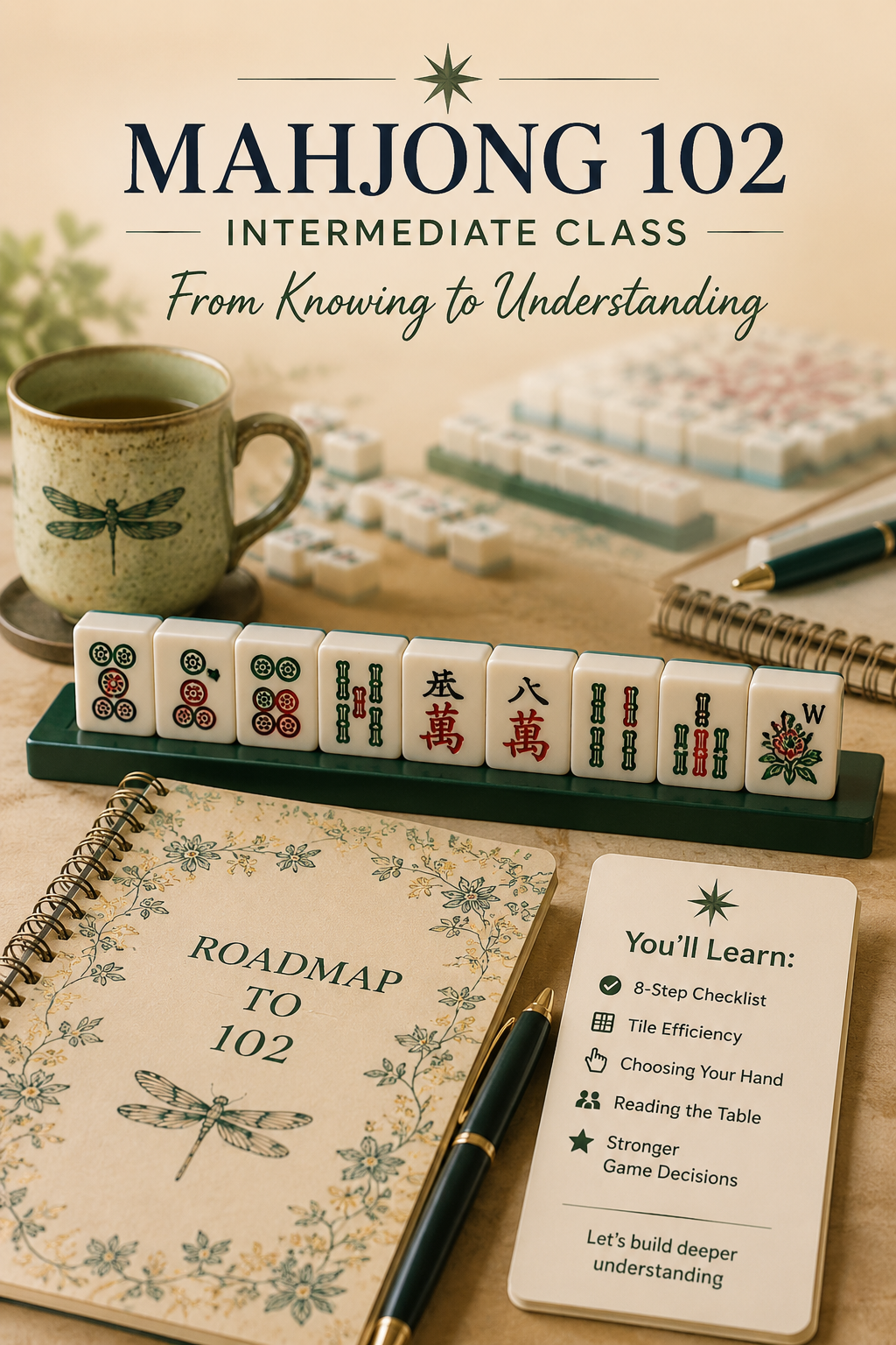 Mahjong 102 intermediate workbook and strategy materials for American Mahjong by Mahjong Awaits™.