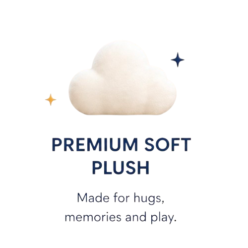 A soft, plush cloud illustration with stars around it, advertising premium soft plush fabric for hugs, memories, and play.