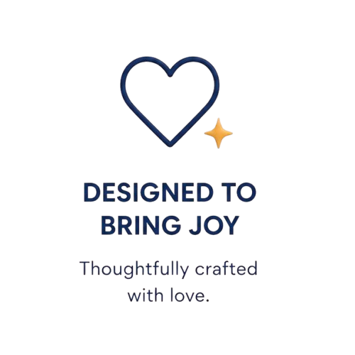 A graphic with a blue heart outline, a star spark, and the text 'Designed to Bring Joy' and 'Thoughtfully crafted with love'.