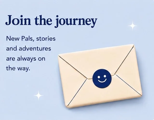 A light blue background with the text 'Join the journey. New Pals, stories and adventures are always on the way.' Next to the text is a wrapped beige package with a navy blue smiley face sticker in the center. Two small white star-like accents are also present.