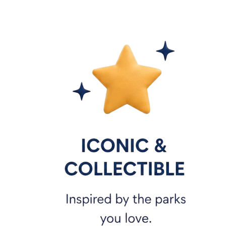 A graphic design features a large yellow star with three smaller blue stars around it. Below the stars, there is text that reads 'ICONIC & COLLECTIBLE' and 'Inspired by the parks you love'.