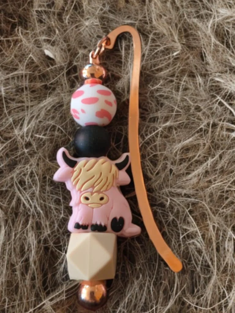 Pink Country Cow Beaded Bookmark
